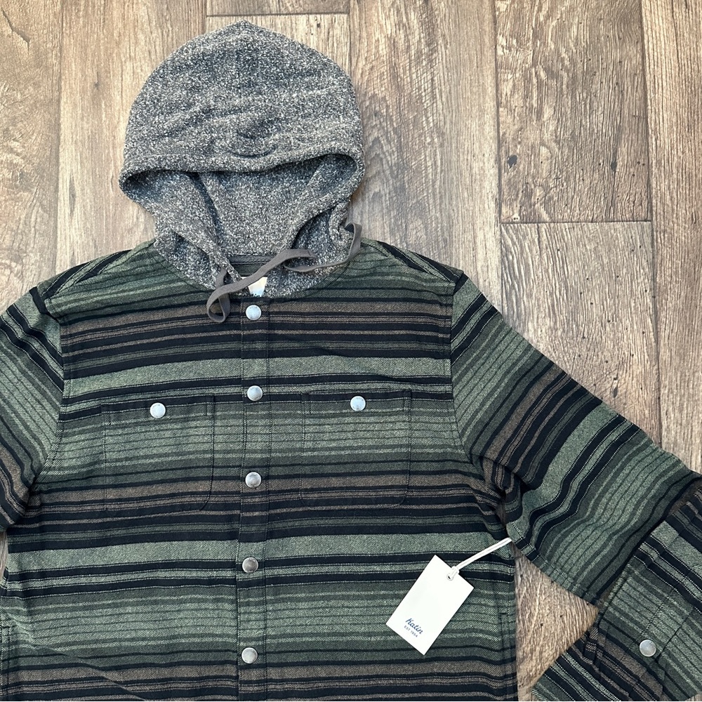KATIN Hooded Flannel Shirt Jacket 100% Striped Shacket Men’s Size M Green Black